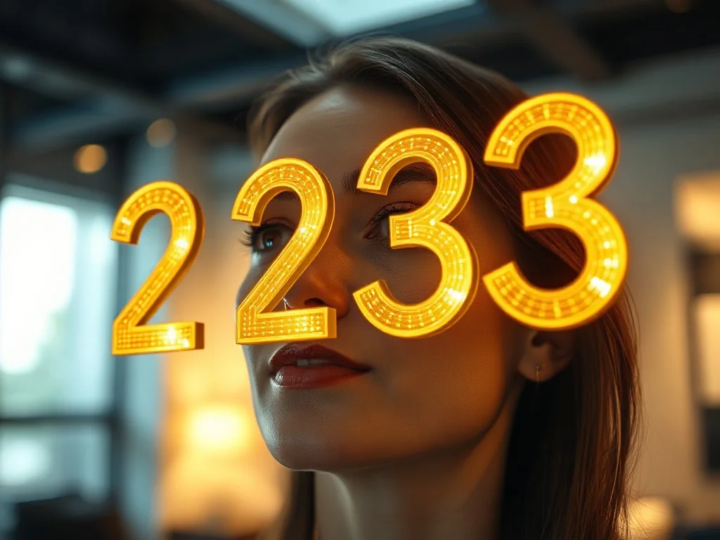 Kobieta zamyślona nad unoszącą się w powietrzu, złotą liczbą 2323, symbolizującą przekaz numerologiczny.