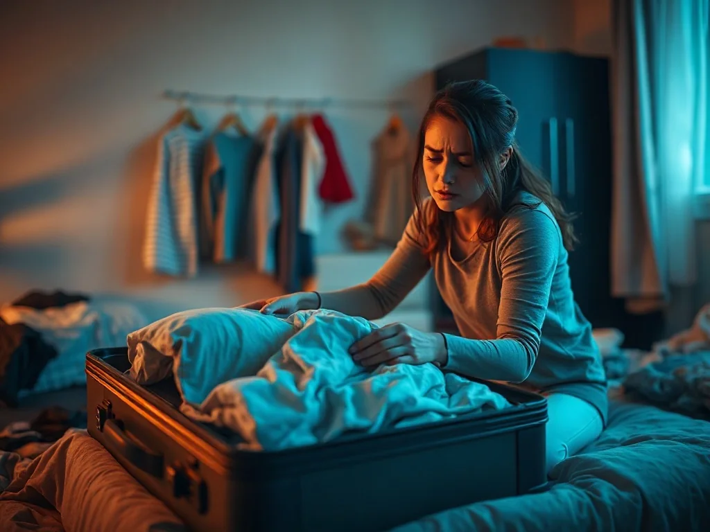 Zestresowana kobieta w pośpiechu pakuje walizkę w nieładzie, co symbolizuje lęk przed zmianami lub utratę kontroli.