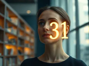Kobieta zamyślona nad unoszącą się w powietrzu, świetlistą liczbą 1155 w klimacie mistycznej biblioteki.