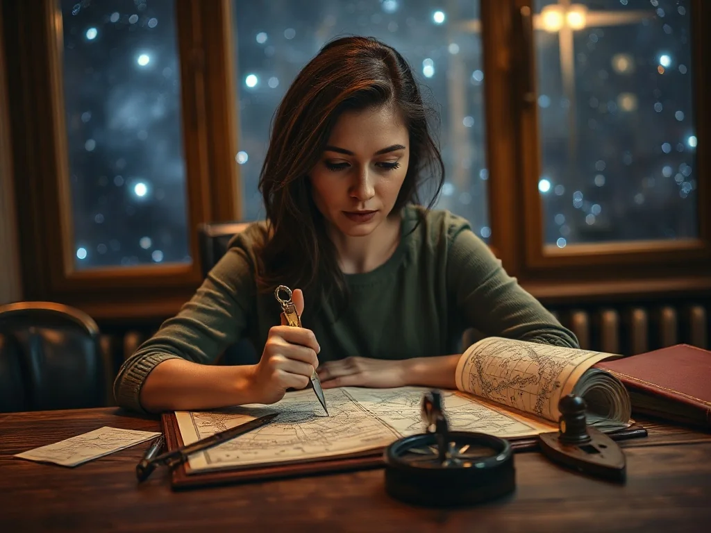 Kobieta przy biurku oblicza mapy astrologiczne za pomocą cyrkla i kątomierza na tle rozgwieżdżonego nieba.