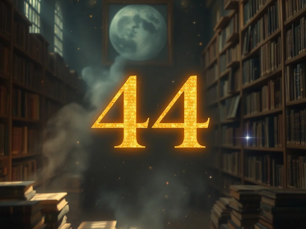 Złota, świecąca liczba 44 unosząca się w magicznej bibliotece, symbolizująca mistyczne znaczenie tej liczby w numerologii.